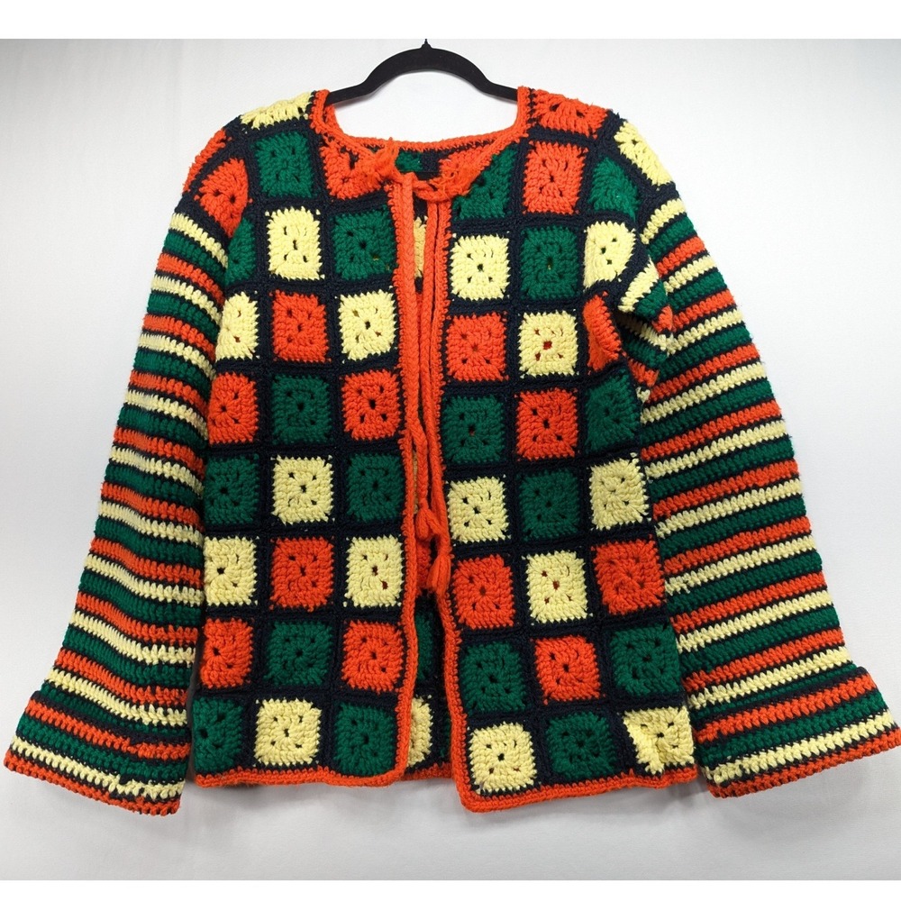 Handmade Granny Square Crochet Cardigan Green Orange Striped Open Front Small